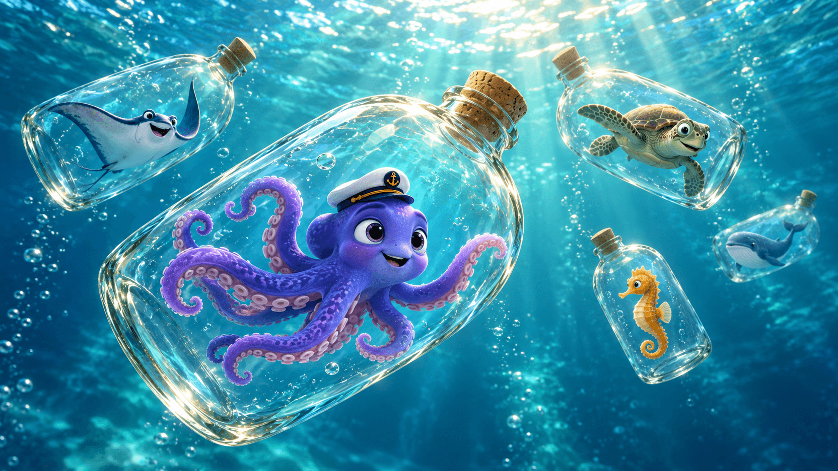 A Dumpla bottle with an octopus floats among other bottle worlds at different depths.